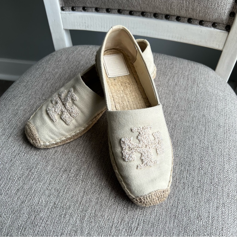 Tory Burch 'Elisa' Beaded Logo Canvas Espadrilles In Ivory/cream